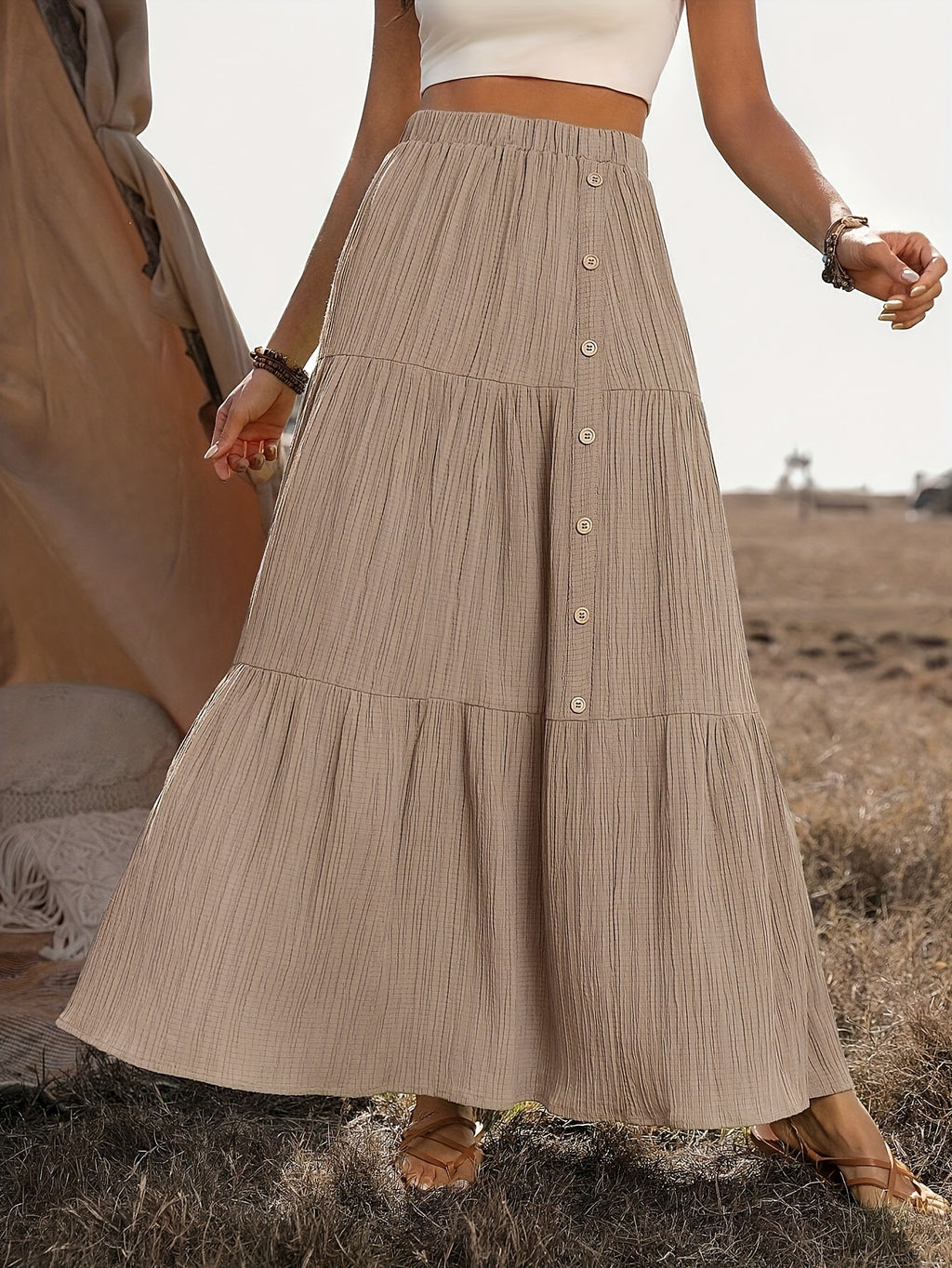 Textured Button + Elastic Waist Design Midi Skirt Women'S Clothing | And Elegant - Apricot