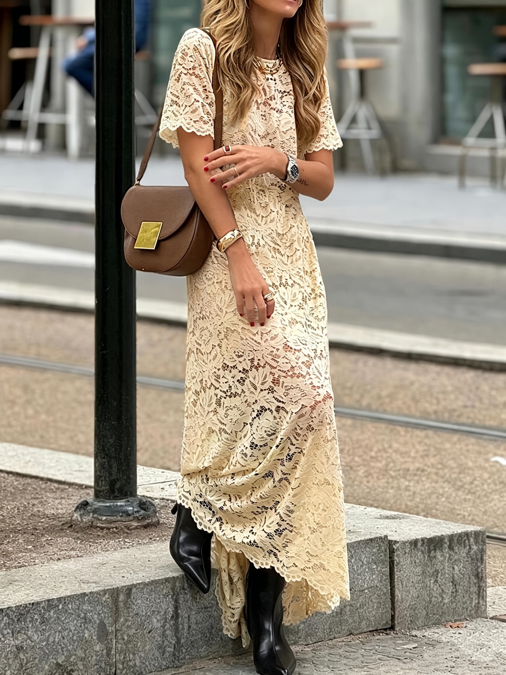 Spring Summer New European Middle Eastern Fashion Women'S Lace Patchwork Semi-Sheer Round Neck Short Sleeve Versatile Elegant Outerwear Single Piece Women'S Dress - Apricot