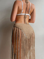 Neckline Dress with Mesh Cutouts, Crochet Hanging Tassel Design, Cutout Camisole Dress, Cutout Dress - Khaki