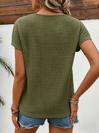 Lace-paneled Waffle- Off-shoulder Short-sleeve T-shirt - Dark Green