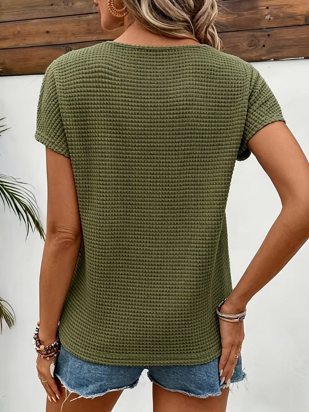 Lace-paneled Waffle- Off-shoulder Short-sleeve T-shirt - Dark Green