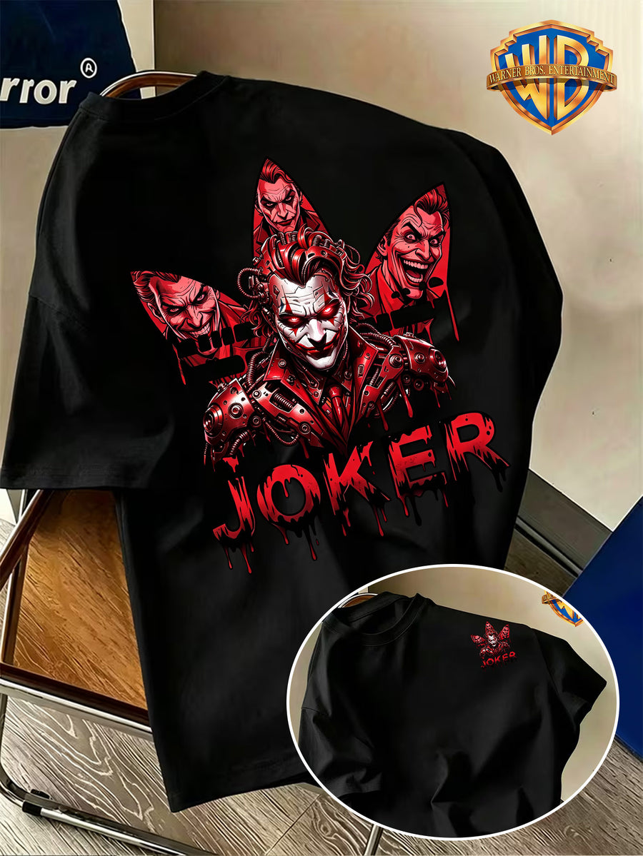 Warner Bros. Official Back-to-School Season Pure Cotton Men's Short-Sleeve T-Shirt, Mechanical Style Red Series with Joker Head Portrait and "JOKER" Enamel-Drop Lettering Creative Graphic Print, Men's Casual Trendy Summer Top, Multiple Sizes - Black