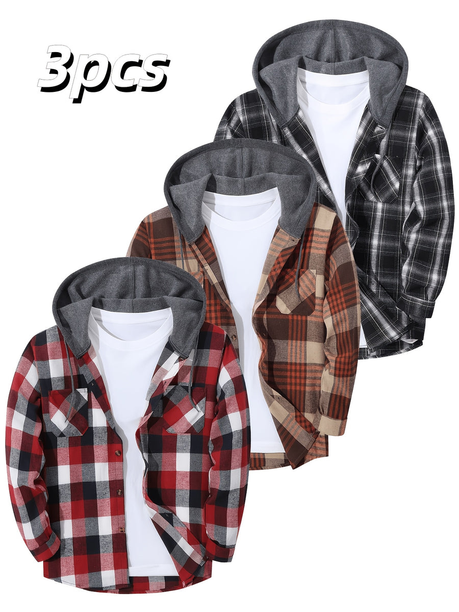 3pcs Set, Men'S Long Sleeve Plaid Flannel Hooded Shirt, Casual Button-Up Hooded Jacket, Soft Brushed Fabric, All-Season - Red Gray Khaki Black White