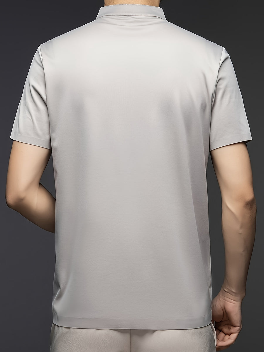 [Josh Mei Obm] Summer Men'S Solid Color Short Sleeve Zipper T-Shirt, Mid-Age Casual Stand-Up Collar Pullover Top - Beige Color