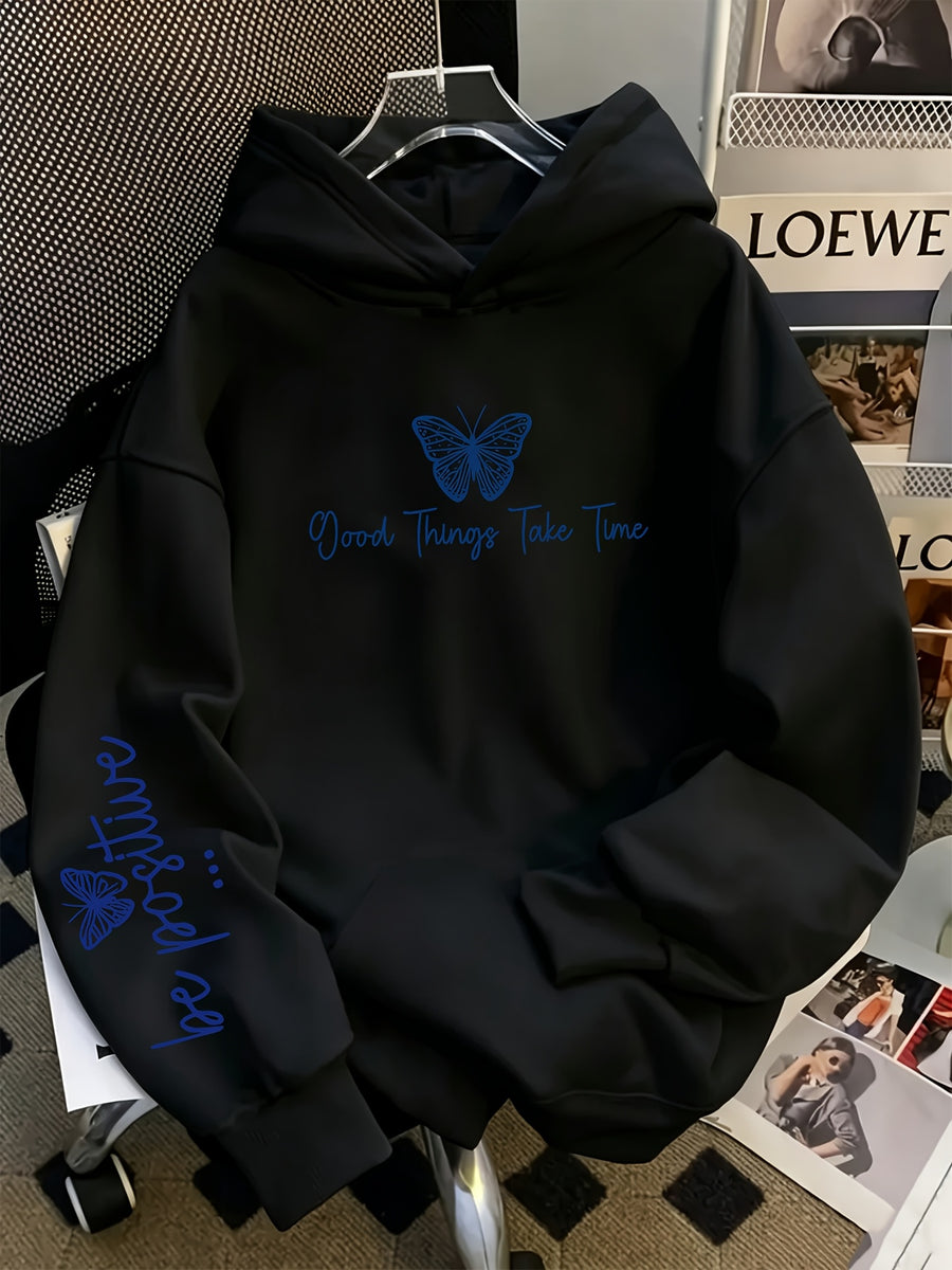 Vintage Slogan and Butterfly Print Long-Sleeve Sweatshirt, Suitable for Daily Casual Wear, Outdoor Picnics, Street Photography, and Use, Applicable for Autumn and Winter Seasons - Black