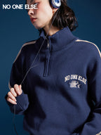 NO ONE ELSE Letter Embroidery Sweater Unisex 2026 Spring Autumn New Color-Block Pullover Top - Blue