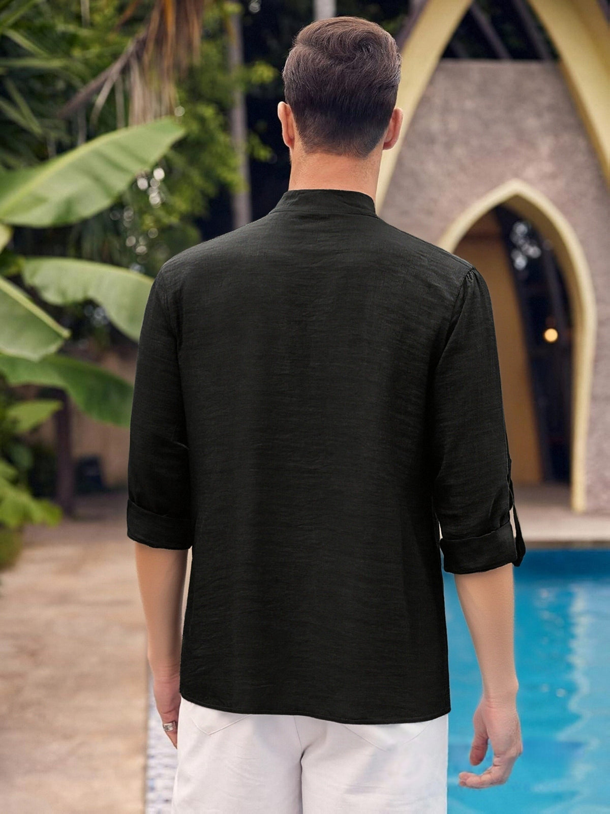 Men'S Fashion New Spring And Autumn Tops Featuring a Stand Collar Henley Shirt, with a Half-Open Single Row of Buttons, Perfect for Outdoor Beach Wear - Black