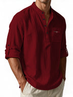 Men's New Fashionable Long-sleeve Stand-up Collar Shirt with Three-color Stripe Print, Made of Breathable and Comfortable Button-up Fabric - Burgundy