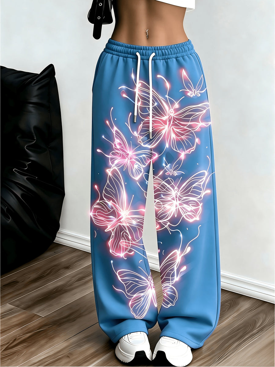 Women's Neon Butterfly Glow-in-the-dark Pattern Jogging Pants with Pockets, Elastic Waistband, and Straight-leg Design - Sky Blue