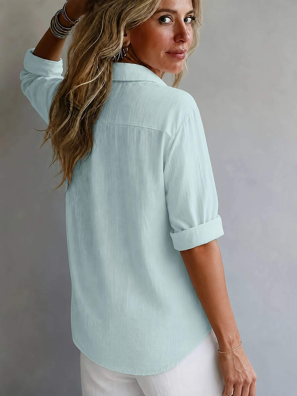 Multi-Color Available Taxi Direction New Stunning Elegant Style Solid Color POIO Collar Long Sleeve Spring Autumn All-Season Versatile Shirt - Light Blue