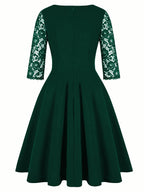 Women'S Fashion Vintage Square Neck Floral Lace Party Swing Dress - Dark Green
