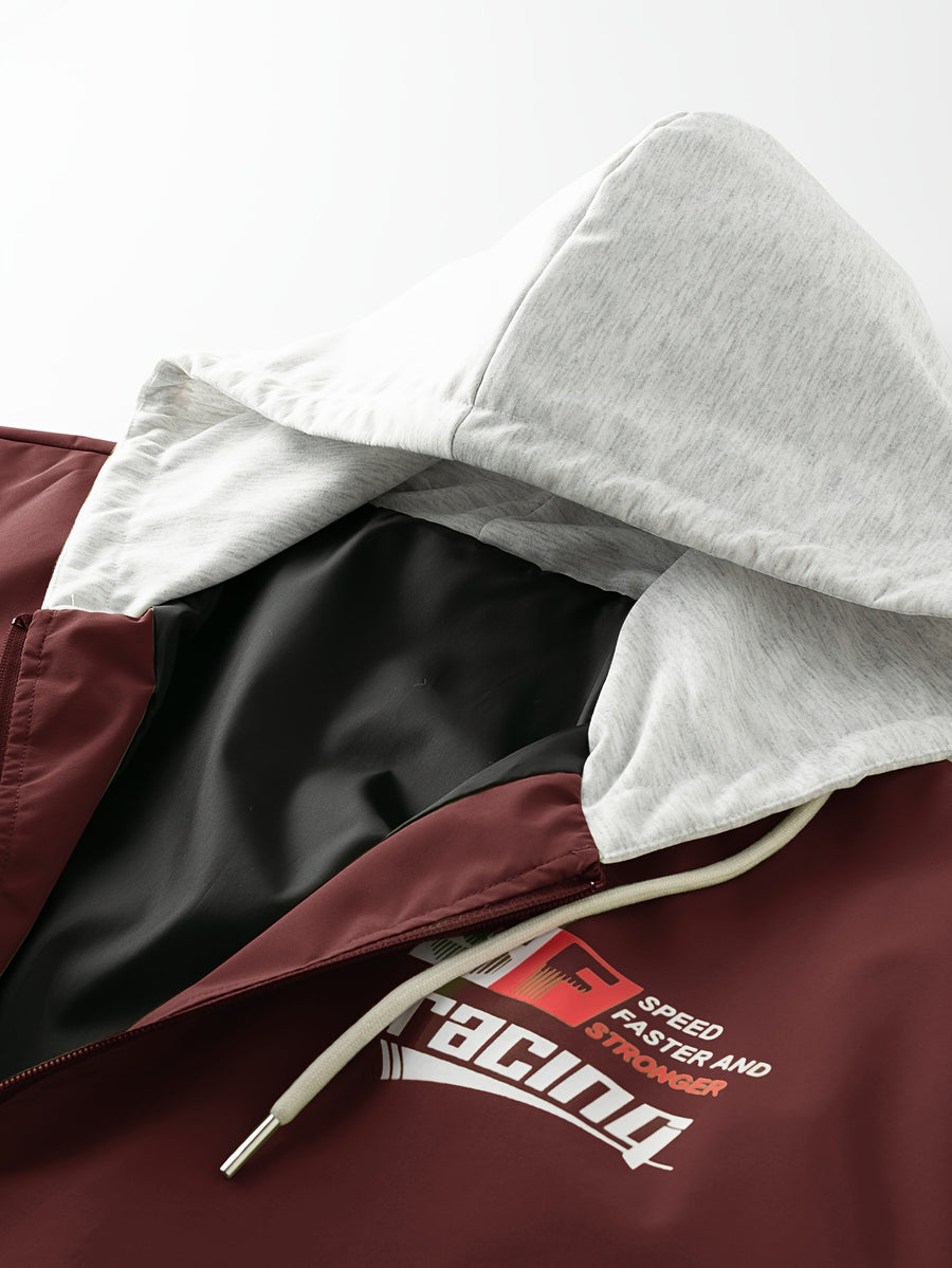 Fashion Casual Men'S Contrast Color Hooded Cardigan Long Sleeve Jacket, Letter Print, Comfortable And Versatile, Suitable for Autumn Winter JK5682, Sporty, Breathable, Regular Fit, Daily - Burgundy