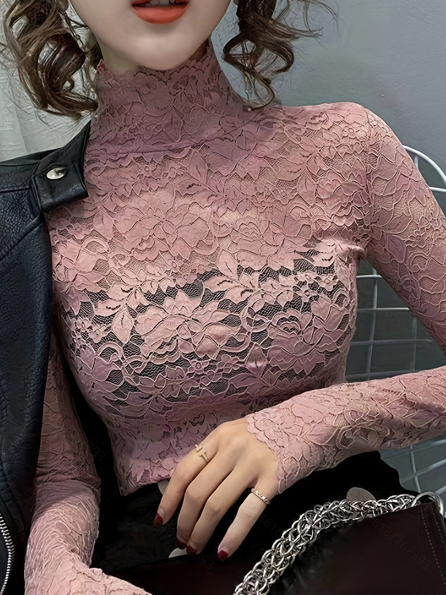 Lace Mock Neck Slim Top, Sexy Long Sleeve Top For Spring & Fall, Women's Clothing - pink color