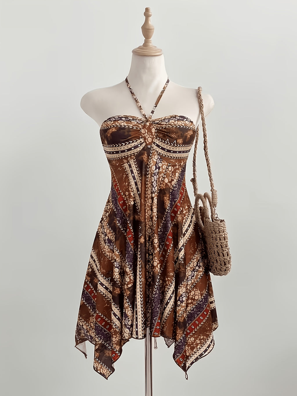 2026 Spring/Summer New Arrival: Elegant Printed Asymmetrical-Hem DressSexy, Short Beach Dress Featuring Spaghetti Straps and a Halter Neckline. with Its Irregular Hem, This Women's Party Dress Is Perfect for Both Dates and Casual Attire. - Multicolor