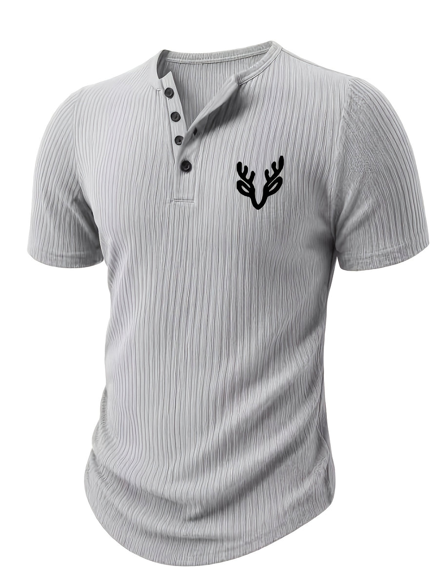 Men'S Ribbed Texture Henley Short Sleeve, All-Over Print Summer Slim Fit Casual T-Shirt - Gray 7