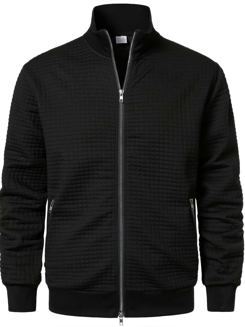 Pearson OBM Men's Checkered Textured Baseball Jacket, Waffle Knit Full-Zip Casual Outerwear, Spring/Autumn Lightweight Loose-Fit Versatile Long-Sleeve Top / Casual Commute / Outdoor Wear, Smart Casual Layering - Black