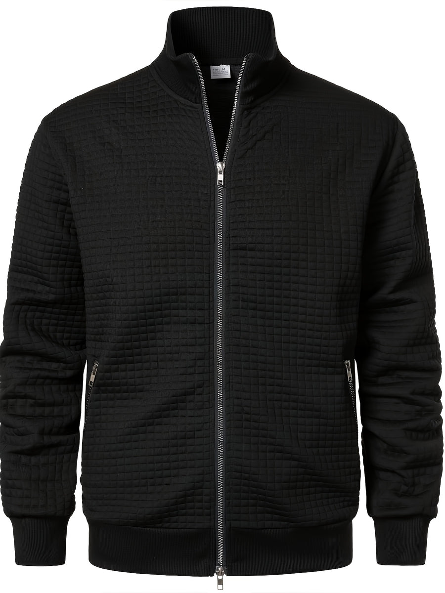 Pearson OBM Men's Checkered Textured Baseball Jacket, Waffle Knit Full-Zip Casual Outerwear, Spring/Autumn Lightweight Loose-Fit Versatile Long-Sleeve Top / Casual Commute / Outdoor Wear, Smart Casual Layering - Black