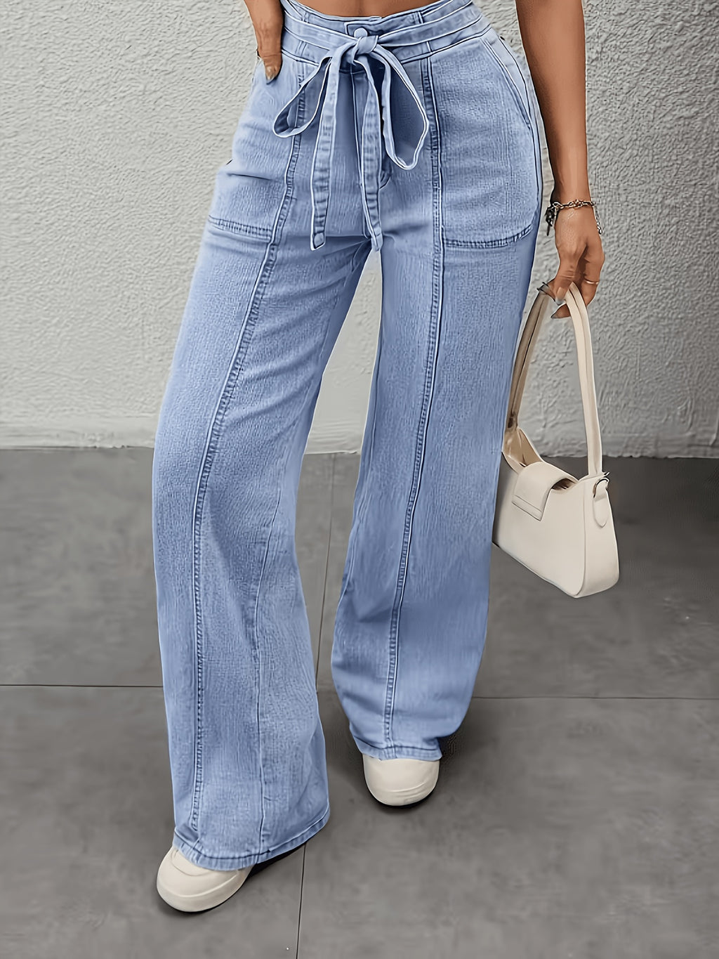 Women'S Stretch Loose Light Blue Wide-Leg Jeans with Bow Detail Belt - Relaxed Fit Denim Trousers for Spring/Autumn, Casual Fashion Machine Washable Jeans, Durable Fabric, Street Style - Light Blue