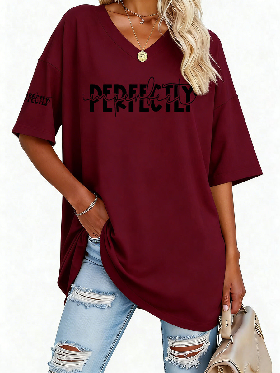 Women S Fashion V Neck Tee Featuring Relaxed Drop Shoulders - Burgundy