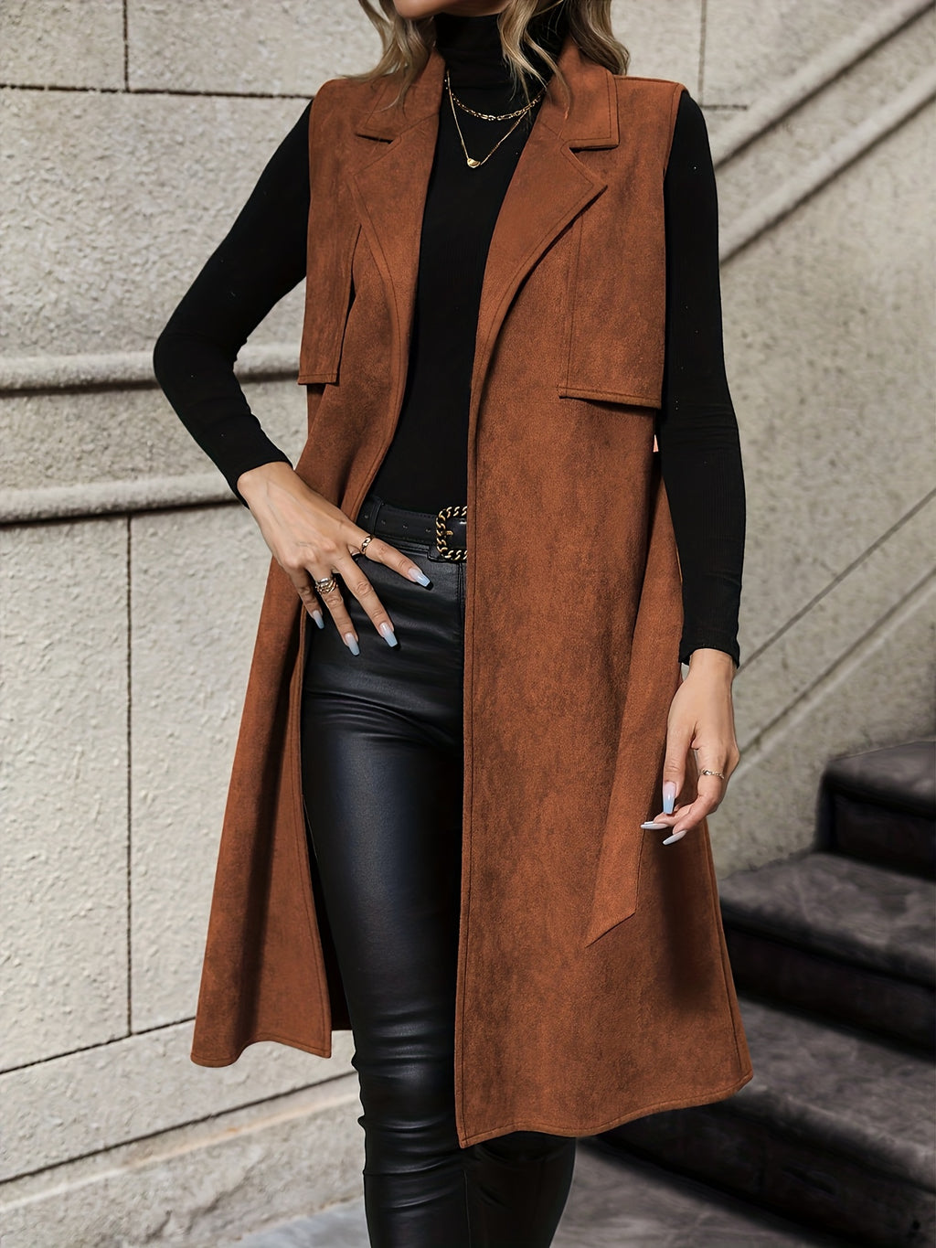 Elegant and Fashionable Lapel Collar Buttonless Belted Long Vest, Versatile Women's Wear for Daily Life, Outings, Dates, Clubs, Parties, and Travel, Multi-Layer Styling, Classic Design, Exquisite Details, Fashionable Top, Weekend Wear, All-Season - Rust