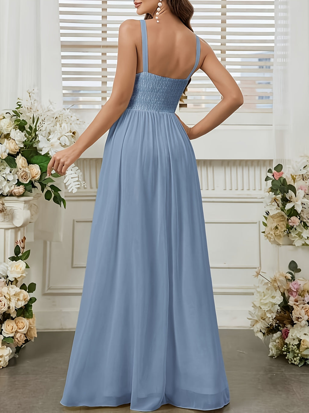 Solid Color Long Dress with Thin Spaghetti Straps, Pleated Detail, and Slit. Suitable for Weddings, Evening Banquets, Balls, Parties, Vacations, and Afternoon Tea Dates - Haze Blue