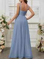Solid Color Long Dress with Thin Spaghetti Straps, Pleated Detail, and Slit. Suitable for Weddings, Evening Banquets, Balls, Parties, Vacations, and Afternoon Tea Dates - Haze Blue