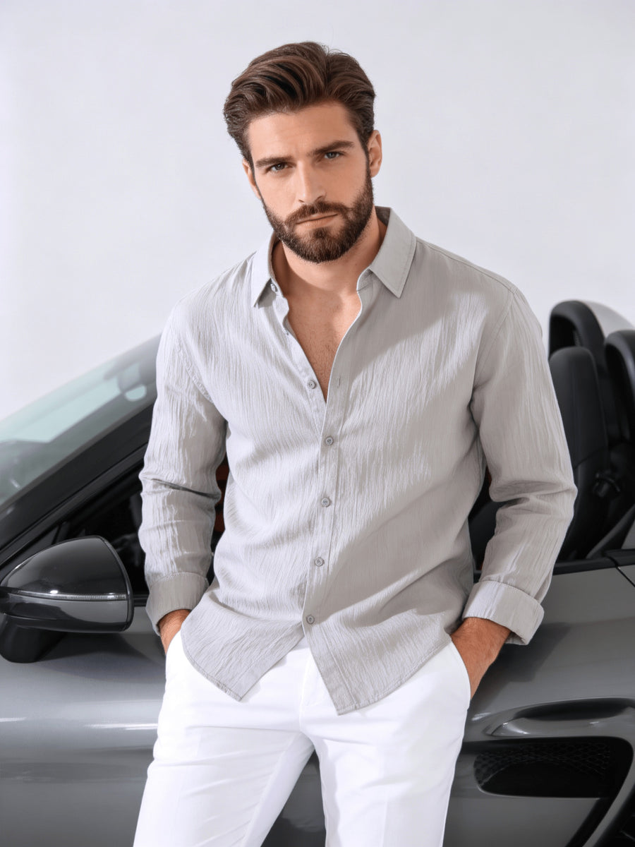 A Single Men's Versatile Long-sleeved Shirt, Featuring a Button-up Cardigan for Comfort and a Timeless Look, with Classic Pure Colors and Multiple Color Options, Suitable for Daily Commuting, Shopping, and Outdoor Activities. (Includes Only 1 Top) - Grey
