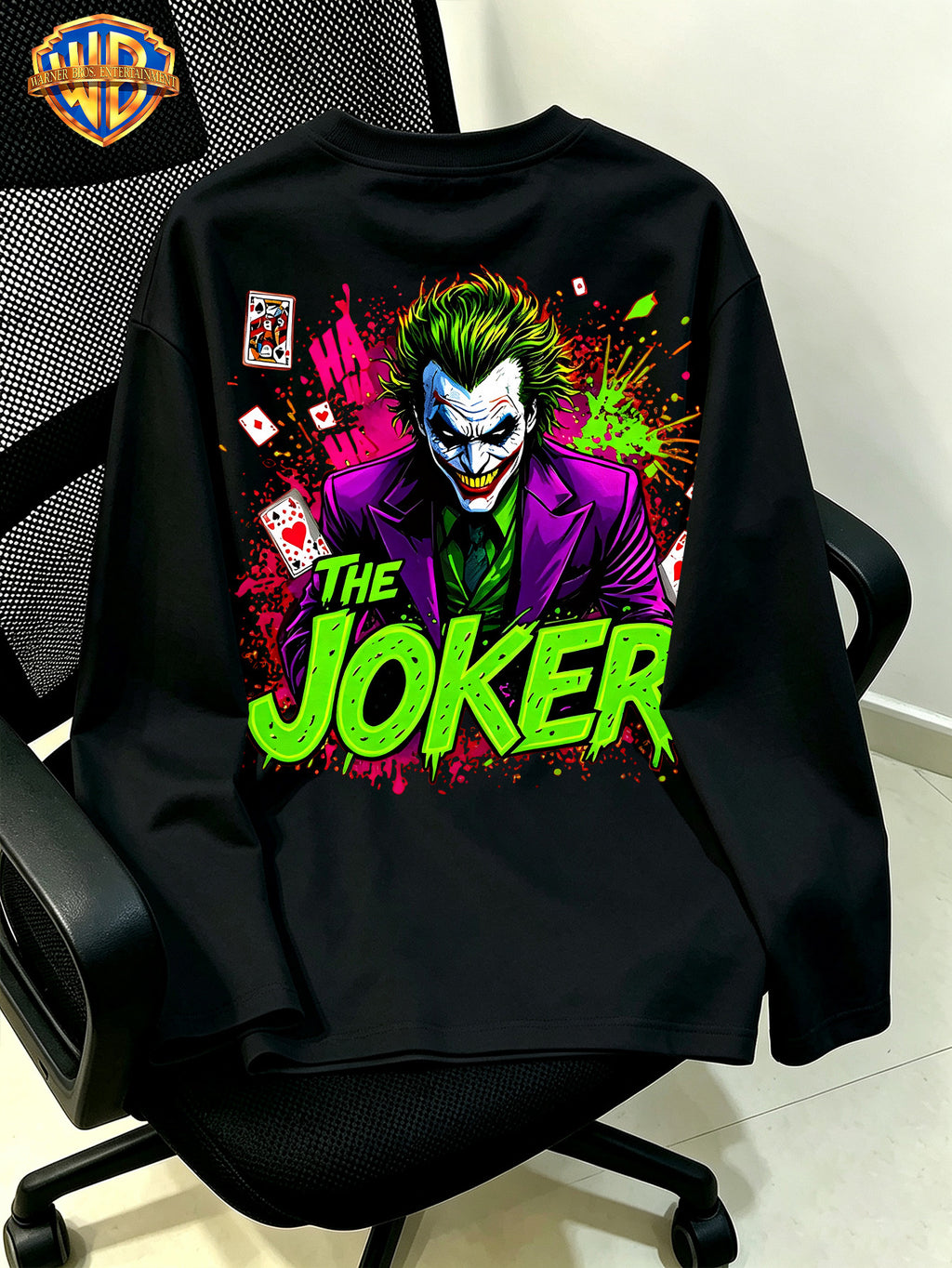 Authorized by Warner Bros., Joker Front And Back Double-Sided Print, Autumn Round Neck Long Sleeve, Fashionable Multifunctional Men'S Clothing, New Casual Loose Outdoor Athletic Breathable Top, Suitable for Daily Outdoor Activities, Gym Wear - Black