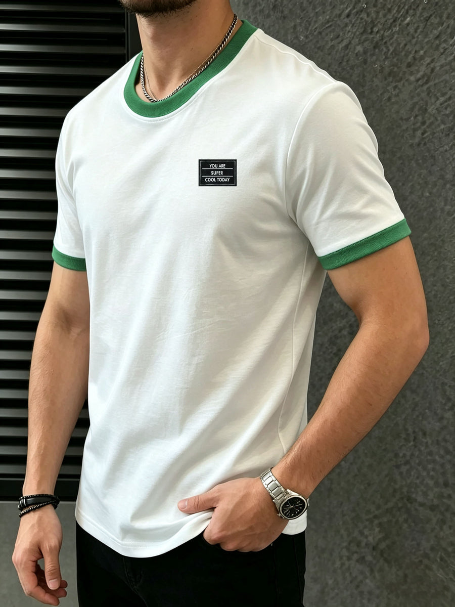 100%, Men'S Knitted Color-Block Round Neck Short-Sleeve T-Shirt, Summer Global All-Season Base Layer Factory Made Men'S Comfortable High-Fit Rate Casual Sports Contrast Patchwork Top - White Green