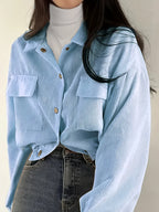 Beautiful Ladies' Jacket On, New Valentine'S Day Arrivals, Women'S Jacket Discounts, Solid Color Corduroy Pocket Lapel Long-Sleeved Coat Casual Jacket Cardigan, Suitable for Casual to Semi-Formal Attire, Layered Wear, Classic Design - Sky Blue