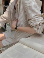 3pcs Set Women'S Spring Autumn Temperament Versatile Single-Button Striped Contrast Short Sleeve Loose Vacation Long Sleeve Sweatshirt Thin Loose Hooded Shirt - Army Green + Bright Steel Blue + Khaki