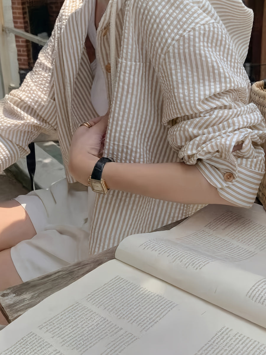 3pcs Set Women'S Spring Autumn Temperament Versatile Single-Button Striped Contrast Short Sleeve Loose Vacation Long Sleeve Sweatshirt Thin Loose Hooded Shirt - Army Green + Bright Steel Blue + Khaki