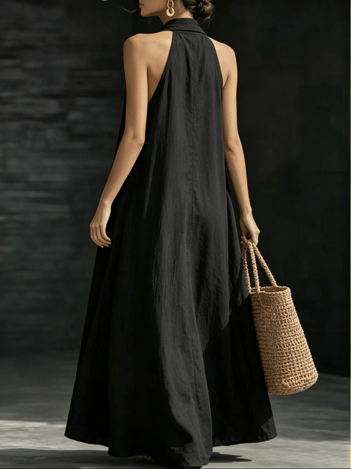 Women's Summer V-Neck Linen-Look Maxi Dress with Hidden Pockets - Black