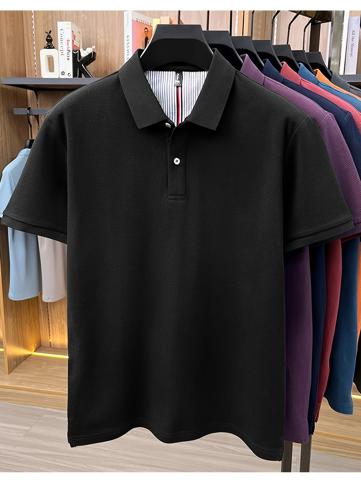 Men's Multi-Color Summer Pearl-Spun Mesh Long-Sleeve Polo Shirt with Contrast Lining and Lapel, Solid Color Simple Design, Skin-Friendly and Breathable, for Business Commuting, Daily Outings, Fishing Leisure, Mid-Life Men's Top - Black