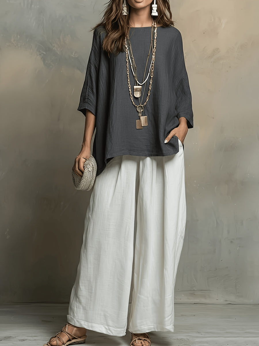 Bohemian Spring Summer New Loose Elegant Color-Block Set Women'S Round Neck Short Sleeve Solid Top And High-Waist Wide-Leg Pants 2pcs Set Western Casual Vacation Suit - Grey