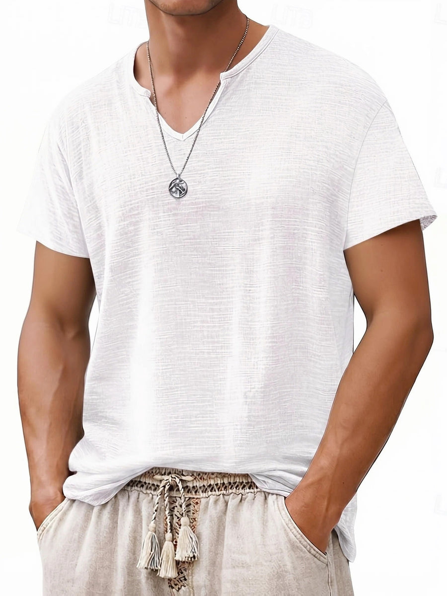 Men's Short Sleeve V-Neck T-Shirt - Breathable Summer Casual Solid Color Round Suitable for Hot Weather, Machine Washable V-Neck Top with Short Sleeves, Non- Fabric for Casual Attire, Office & Layering (No Transparency)，Fashion Trends Wear - White