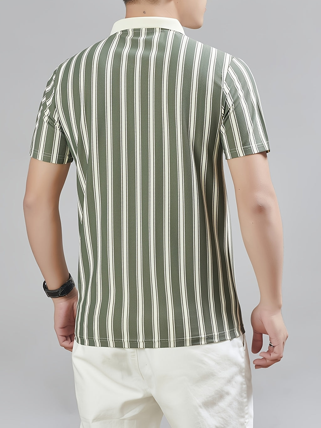 [Star Prosperity Selection] Summer Men'S Lapel Polo Shirt, Trendy Fashionable All-Match Zipper Striped Top, Business Casual Short Sleeve T-Shirt, Suitable for Daily Work Scenarios - Green