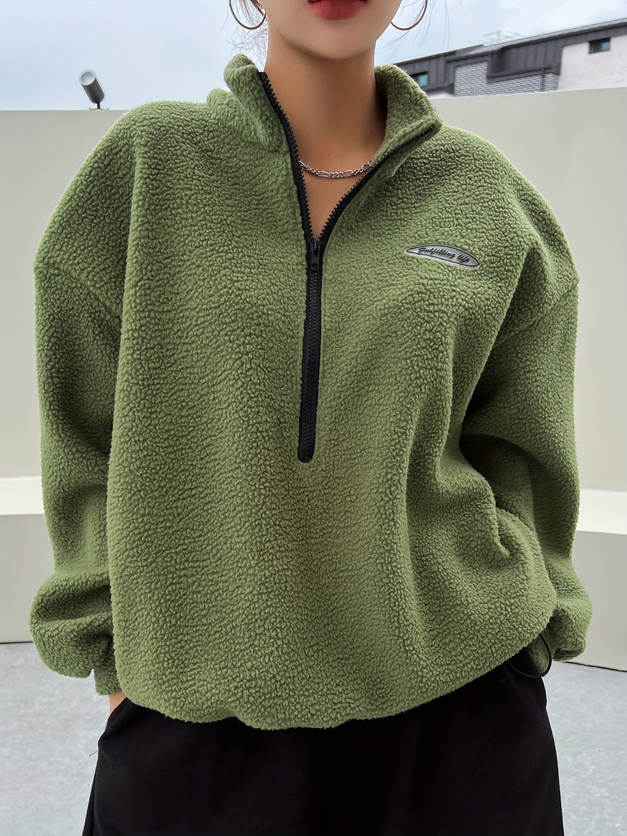 Applique Detail Drop Shoulder Half-Zip Fleece Sweatshirt, Perfect Choice for Women'S Fall Winter - Green