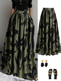 Women's Casual Loose-fit Unique Ink Print High-waisted Slim-fit Skirt - Army Green