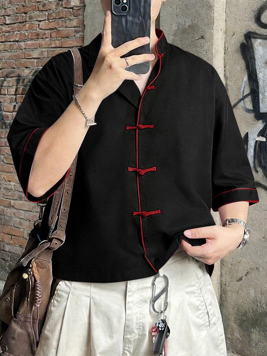 Men Retro Tops Frog Button Stand Collar Short Sleeve Loose Thin Outdoor Street New Chinese Style Casual Shirt, Chinese Size, Please Check The Size Guide Carefully - Black