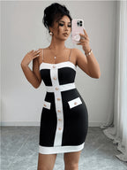 Elegant Black White Color Block Chain Strap Mini Dress for Women, Fashion Contrast Trim Dress, Sophisticated Golden Button Fake Pocket Design Chic Short Dress, Ideal for Party Club Daily Dating Outfit - Black