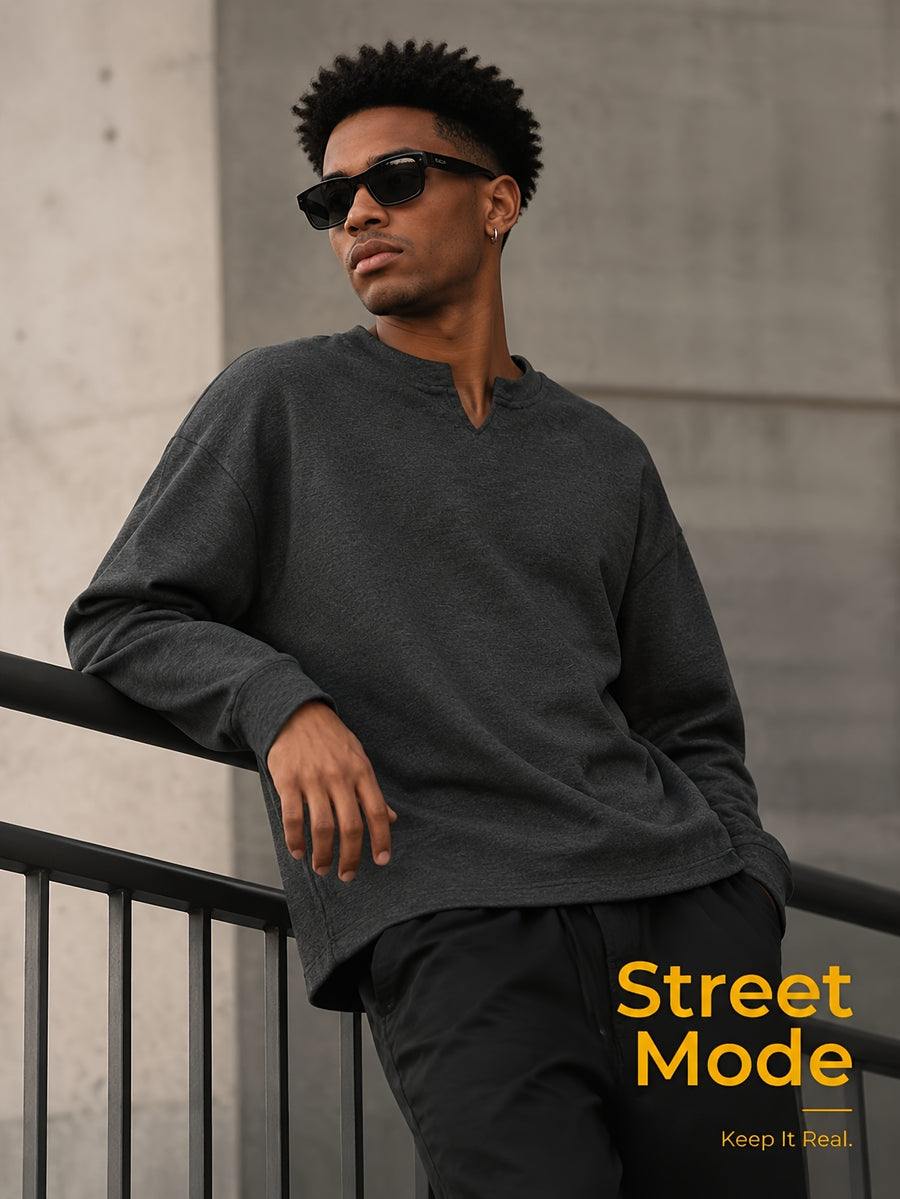 1pc Men'S Oversized Henley Notch-Neck Pullover Top, Drop Shoulder Loose Silhouette, Soft Knit Fabric, Ribbed Cuffs, Straight Hem, Minimalist Street-Inspired Long Sleeve Shirt for Daily Casual Commute Wear - Black Gray