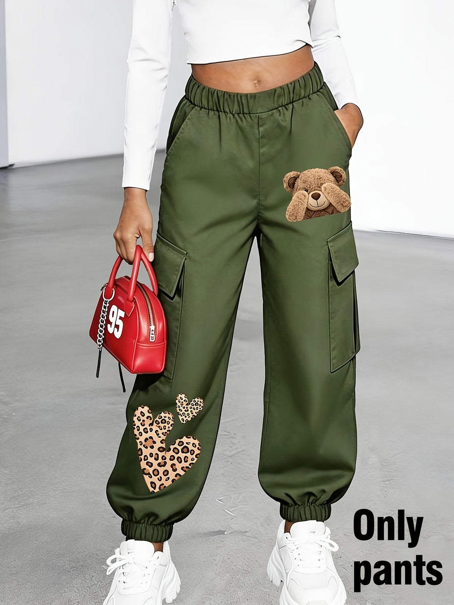 New Arrival - Women'S Long Pants (Single Piece), Cute And Fun Pattern Letter Print Cargo Pants, Multi-Pocket Design, Bear Cartoon Pattern, Cargo Style, Fashionable for Ages 18-25, Machine Washable, Durable Fabric - Perfect for Spring Summer - fern green