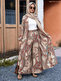 Ximia Paisley Print Cardigan Robe Set, Long Sleeve Loose Outerwear with Wide-Leg Pants 2pcs Set - Apricot