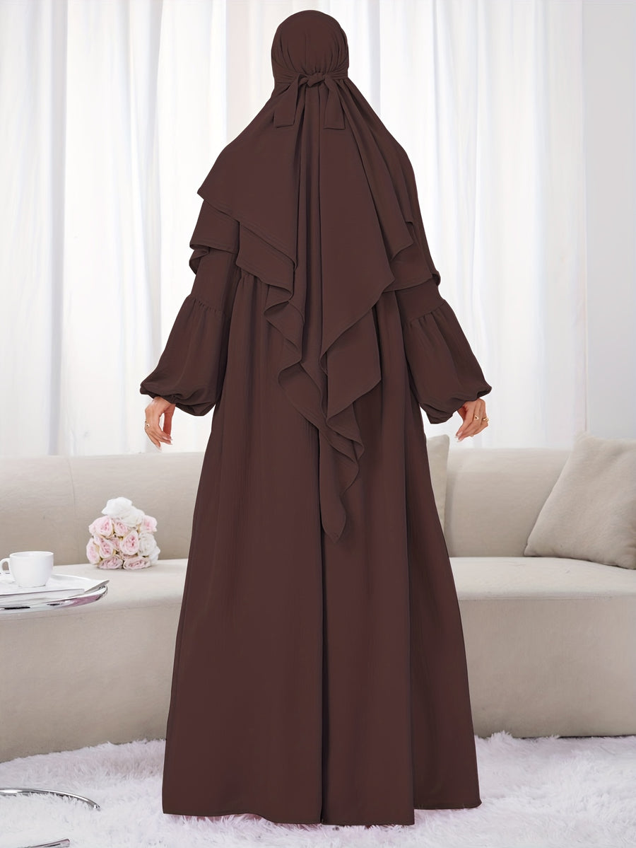 A Set (+Abaya) Fashionable And Elegant Muslim Dress, Elegant Cuff Drawstring, Comfortable And Casual Solid Color, Suitable for Outdoor Travel And Daily Wear. Loose Women'S Abaya Dress - Coffee Color