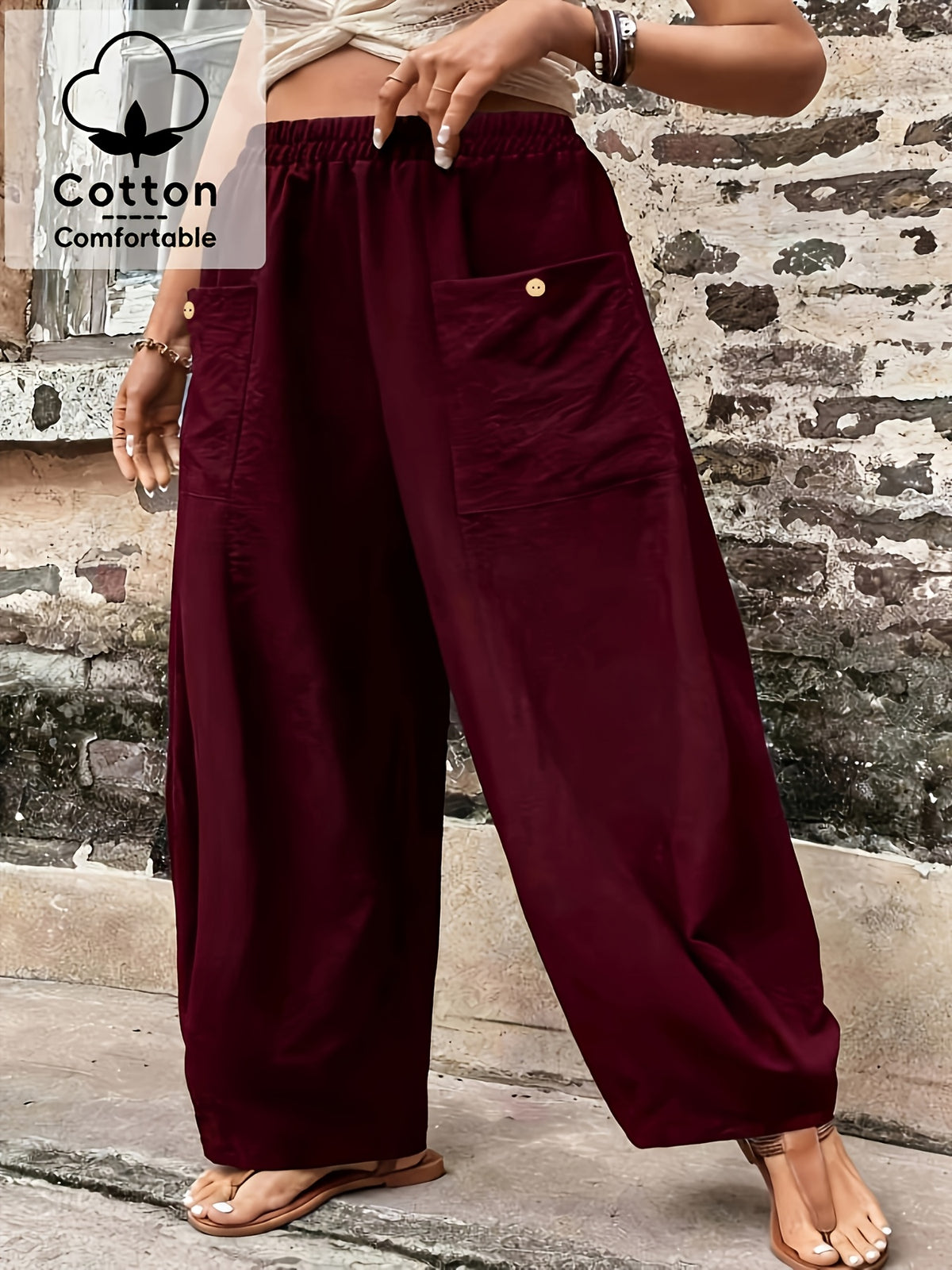 Plus Size, Plus Size Stylish Women's Solid Color Casual Pants, Elastic High Waist with Pockets, Loose Wide-Leg Trousers, Versatile Pants for Commuting and Vacation - Burgundy
