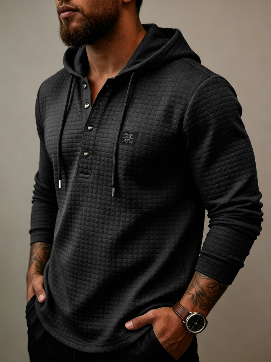 Men's Fashion Hoodie, Autumn/Winter Long-Sleeve Hooded Top, Niche Small Check Jacquard Comfortable Fabric, Solid Color Knit with Hood Craftsmanship, Stylish Men's Apparel, New Fabric Process Design, Suitable for Outdoor Leisure, Street Hiking Wear - Black