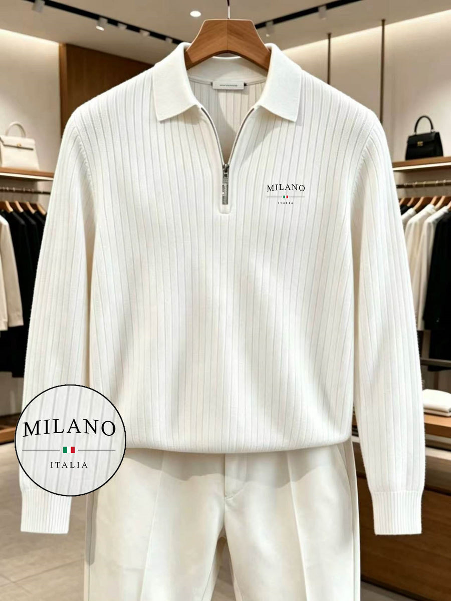 Men'S Half-Zip Lapel Long Sleeve Polo with Vertical Pique Texture, MILANO Milan Letter Print Light Casual Business Sweater, Soft And Machine Washable, Knit - White