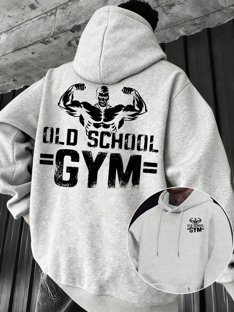 Men's Casual Sweatshirt with Letter Print, Drawstring Hood, Long Sleeve Pullover with Pocket - Light Grey