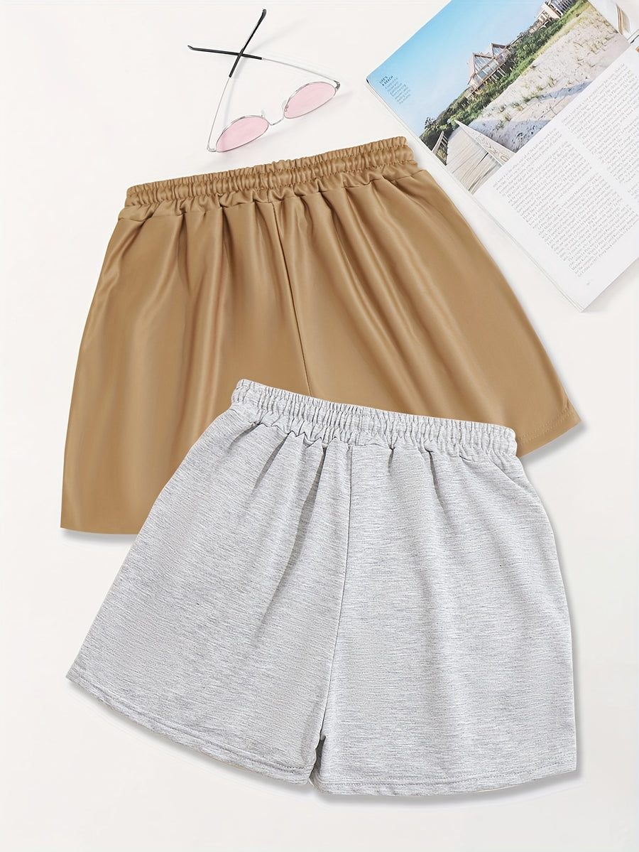 2pcs,Letter Print Drawstring Shorts, Casual Shorts, Women's Clothing - Grey+Brown Color